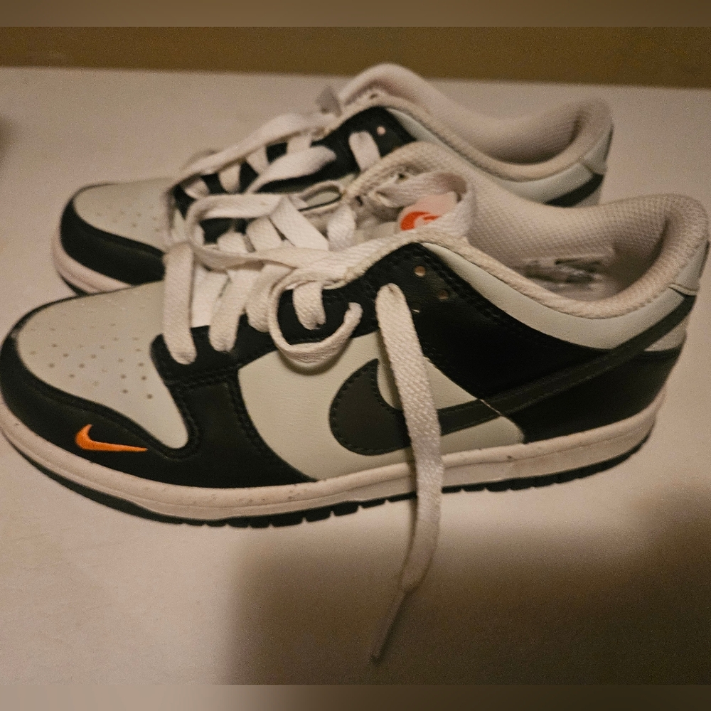 Kids Nike Dunk Low Mini Swoosh Black and White and Orange